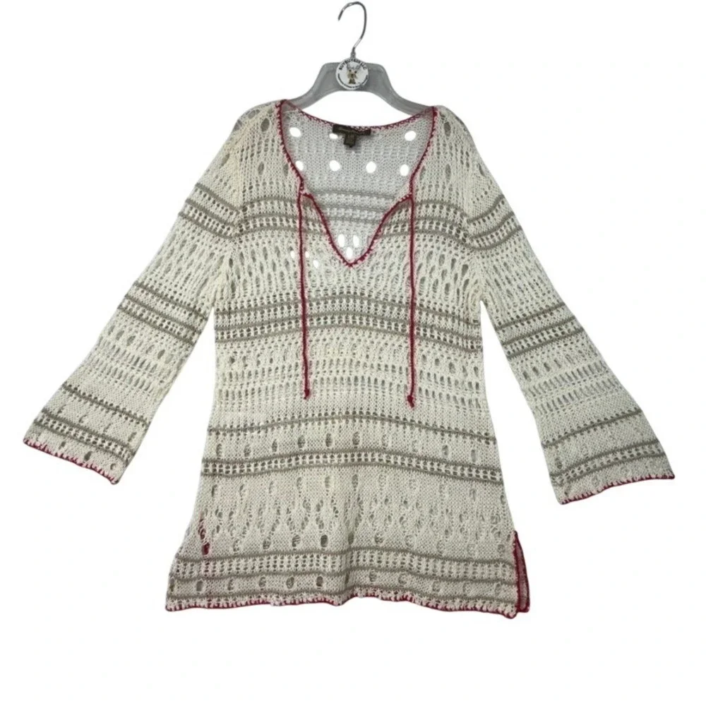 Tommy Bahama‎ Women's Crochet Knit Tunic Top L/G Beige Tan Red V-Neck